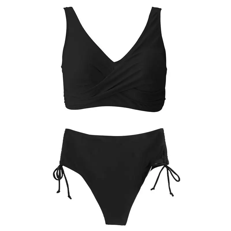 

Women's Bikini Set Drawstring Side Beachwear Swimsuit Front Cross Top High Waisted Black Suit Sexy Two Piece Set For Vacation