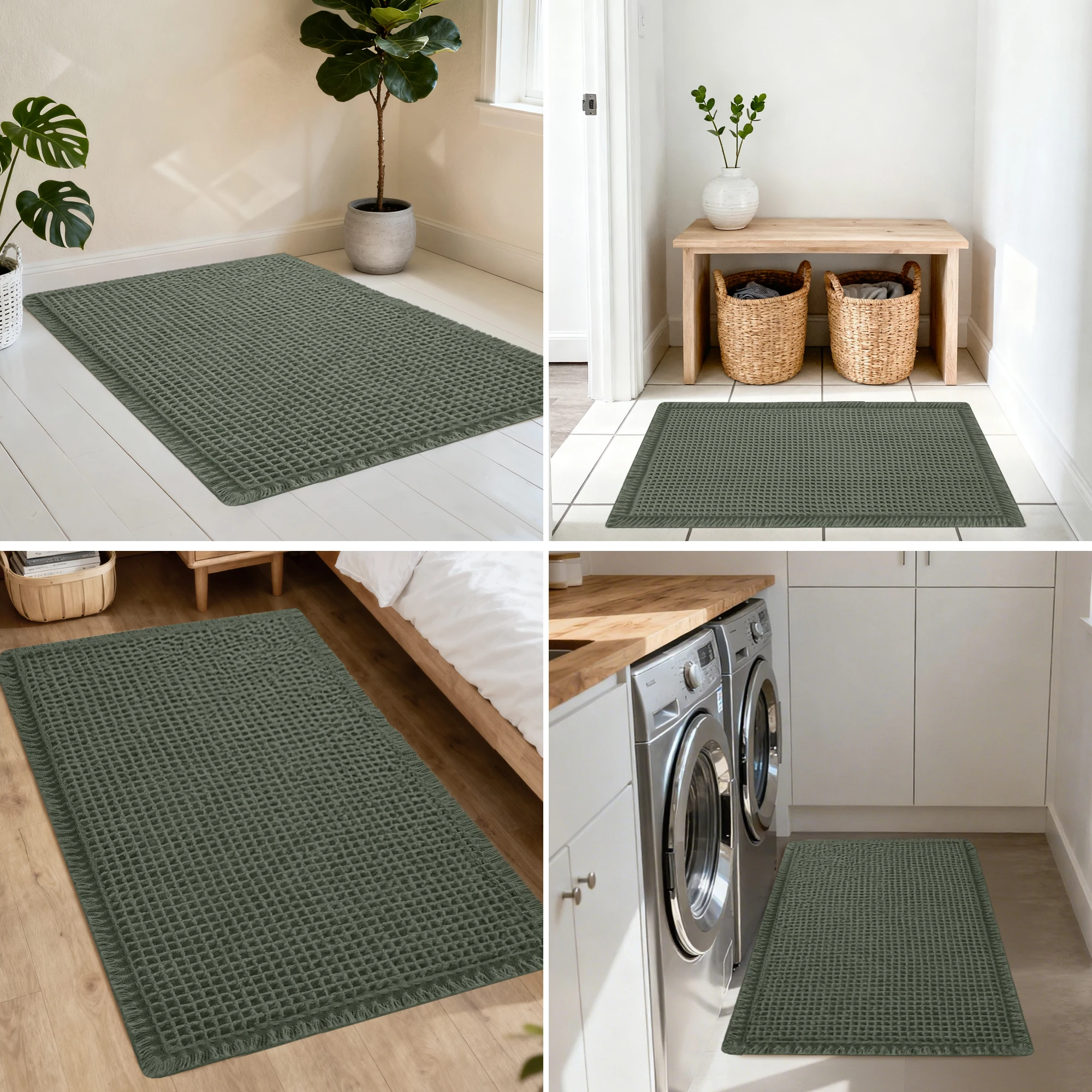 Boho waffle bath mat, super absorbent, non-slip backing, textured weave.