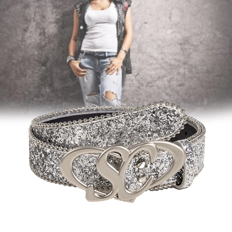 Fashionable Sequined Jeans Belt with Buckle All-Matched Design Western Cowgirl Waist Belt Pink Silver Belt Decorations