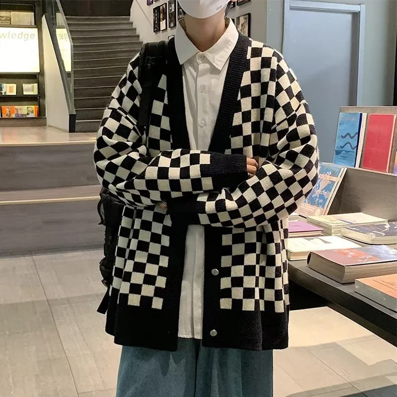 

Cardigans Checkerboard Plaid Sweater Men's Sports Casual Loose Cardigan Autumn Winter Single-breasted Long Sleeves Jacket Tops