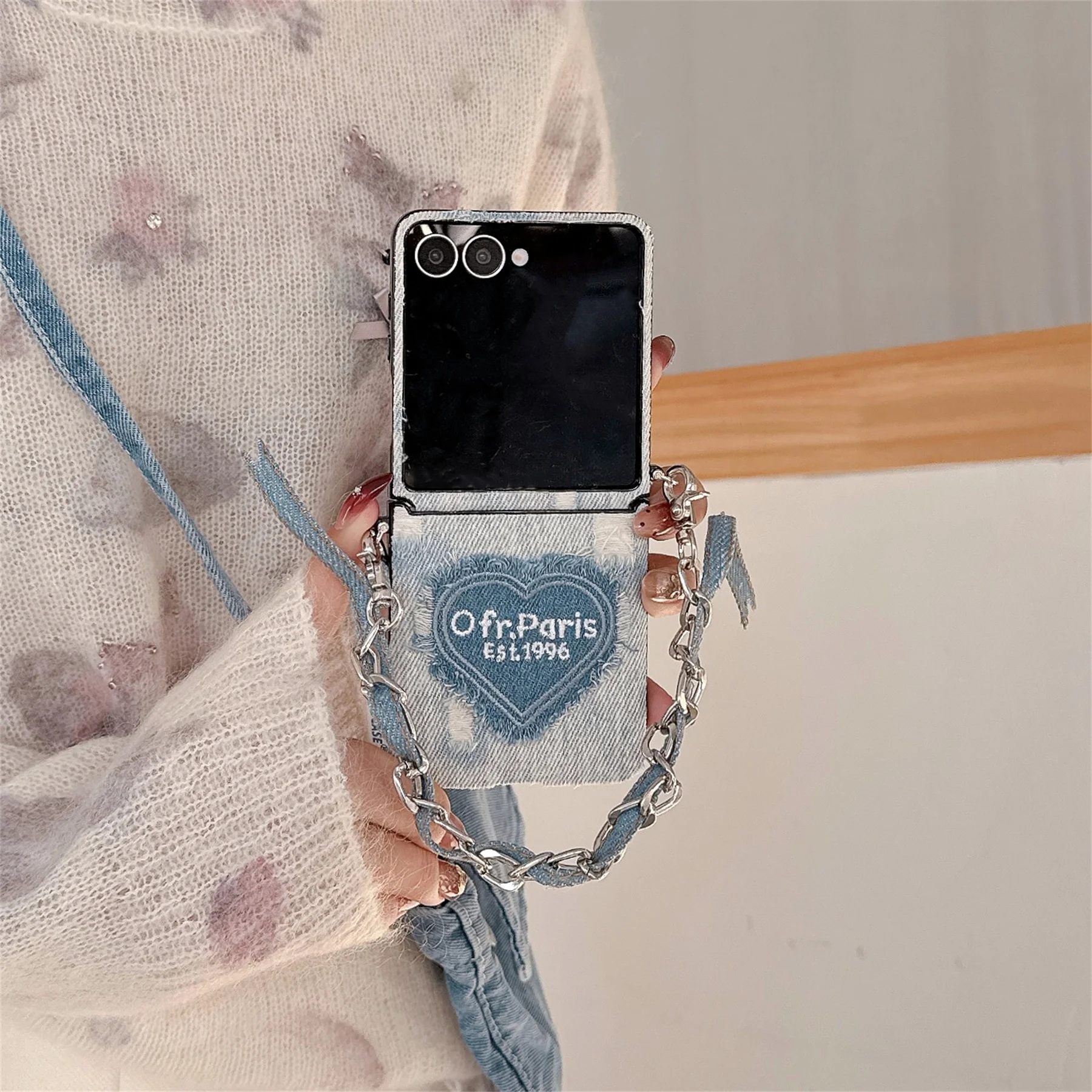 Korean Y2K Denim Heart Phone Case with Portable Chain in Blue