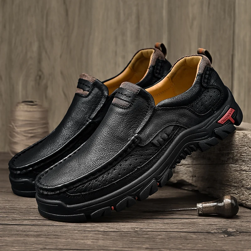 Men's Leather Outdoor Loafers Handmade Dad Shoes Breathable