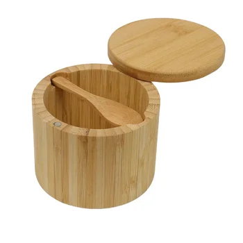 Bamboo Salt Cellar with Mini Spoon, Kitchen Salt Box with Swivel Closure Lid, Round Salt Container to Storage Pepper Spice Salt