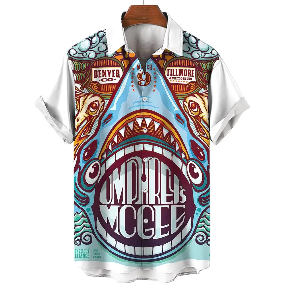 New Men's Hawaiian Beach Button Shirts Short Sleeve Animal Shark 3D Print Casual Lapel Fashion Collar Retro Clothes Hiphop 4