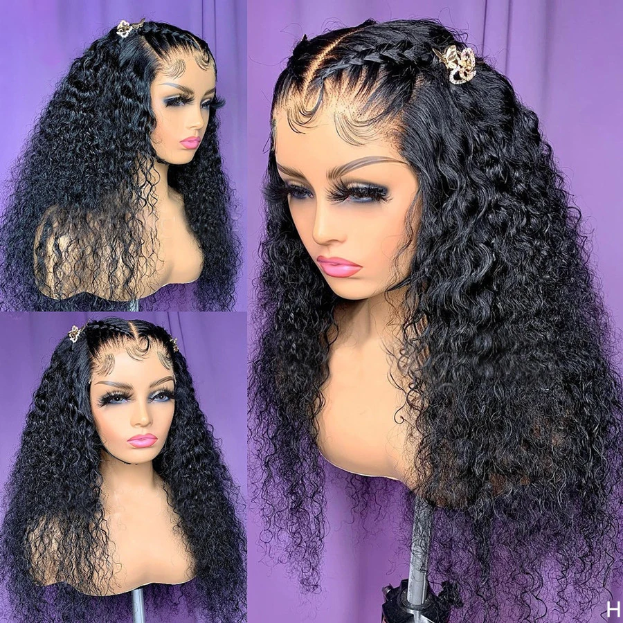 

26''180%Density PrePlucked Glueless Soft Kinky Curly Long Natural Black Deep Lace Front Wigs For African Women Babyhair Daily