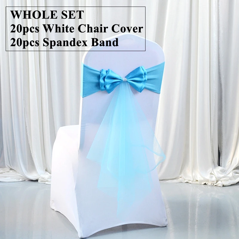 

New 20Set White Spandex Chair Cover With Satin Bow Chair Band Tie Sash For Wedding Banquet Event Decoration
