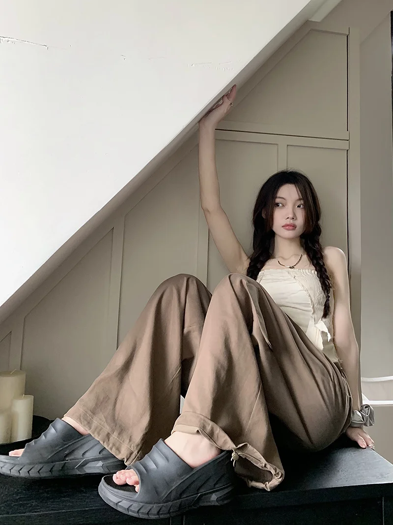 Khaki Women Straight Pants American Sports Coffee Wide Leg Pants For Women Loose Fitting High Waist Casual Pants Floor