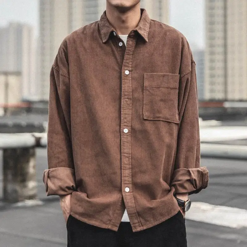 Autumn Winter New Men Clothing Corduroy Shirts Loose Long Sleeve Korean Trend Top Buttons Pockets Patchwork Versatile Cardigan