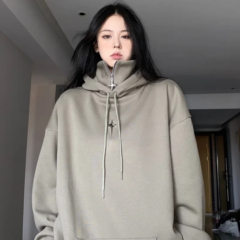 QWEEK Streetwear Black Hooded Female Sweatshirts Oversized Hoodie Women Harajuku Vintage Pullovers Korean Fashion Goth Aesthetic