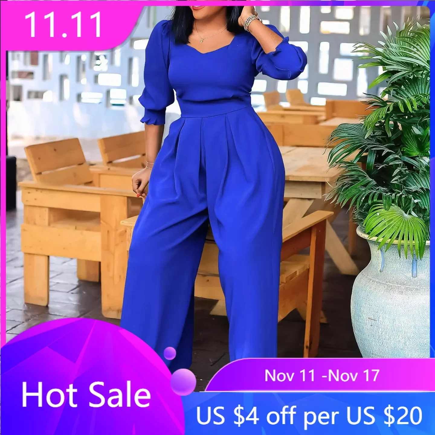 

Fashion Women Solid Color Jumpsuits Shrinkage Design V-Neck High Waist Three Quarter Sleeve Autumn Loose Wide Leg Pants