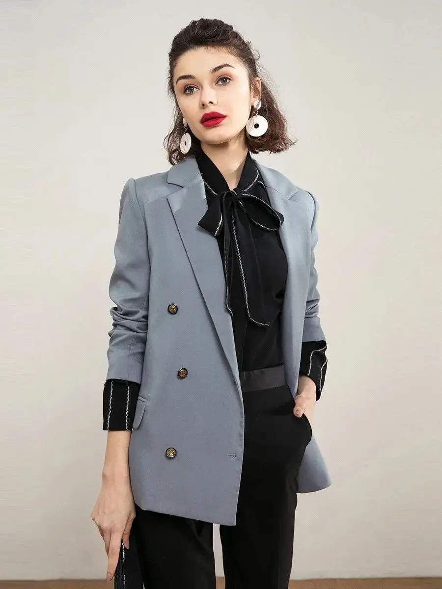 LOUIS YAO Women Vintage Double-Breasted Suit 2023 Autumn Commuter Flip Collar Long-sleeve Elegant Versatile Outerwear