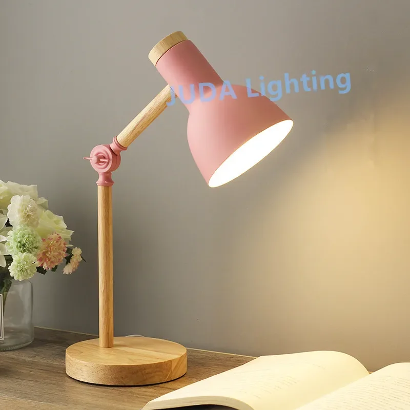 Ins E27 Desk light wooden base Nordic Table Lamp Colorful Bedside Lamp Reading Study Macaron Color Wooden Art LED lights