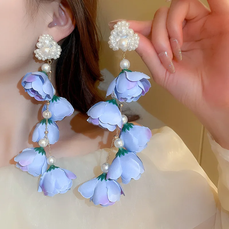 

Hyperbole Long Style Drop Earrings Purple Violet Cloth Flower Pendant Spring Fairy Accessories With Simulated Pearl Hot Selling