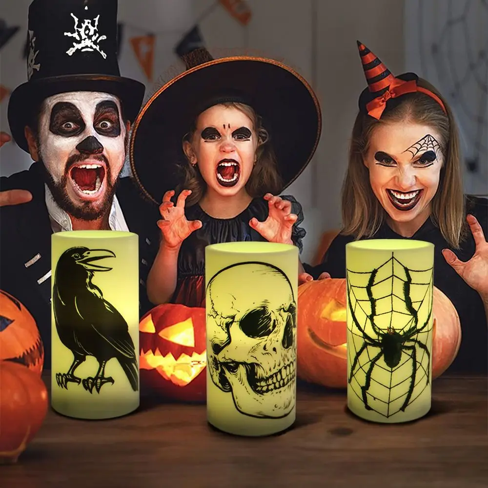 

Flameless Halloween Candles Battery Operated with Timer Fake Halloween Led Candles Flickering Real Wax Set of 3