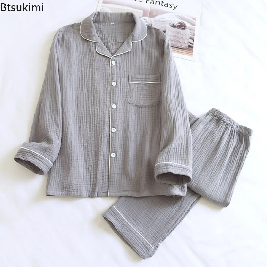 2024 Men's Comfy Cotton Crepe Cloth Pajamas Sets Long Sleeve Cardigan Tops and Trousers Home Suit  Men Two-layer Gauze Sleepwear