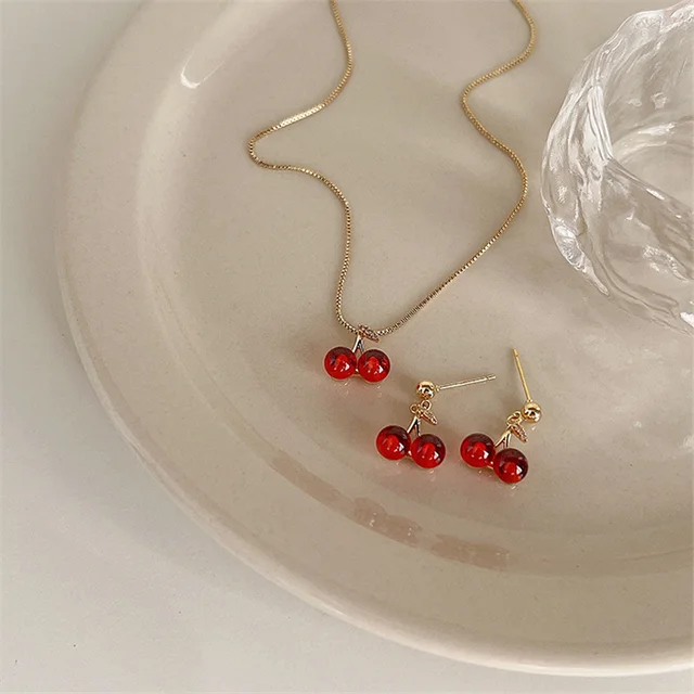 Wine Red Cherry Gold Colour Pendant Necklace Earrings set For Women Personality Fashion Necklace Wedding Jewelry Birthday Gifts 3