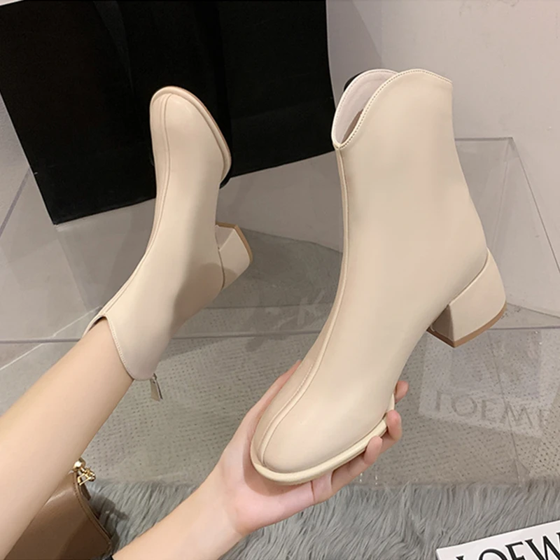 Luxury Brand Women Beige 5cm Block High Heels Ankle Winter Female Square Toe Chelsea High Quality Ladies Short Boots New Shoes