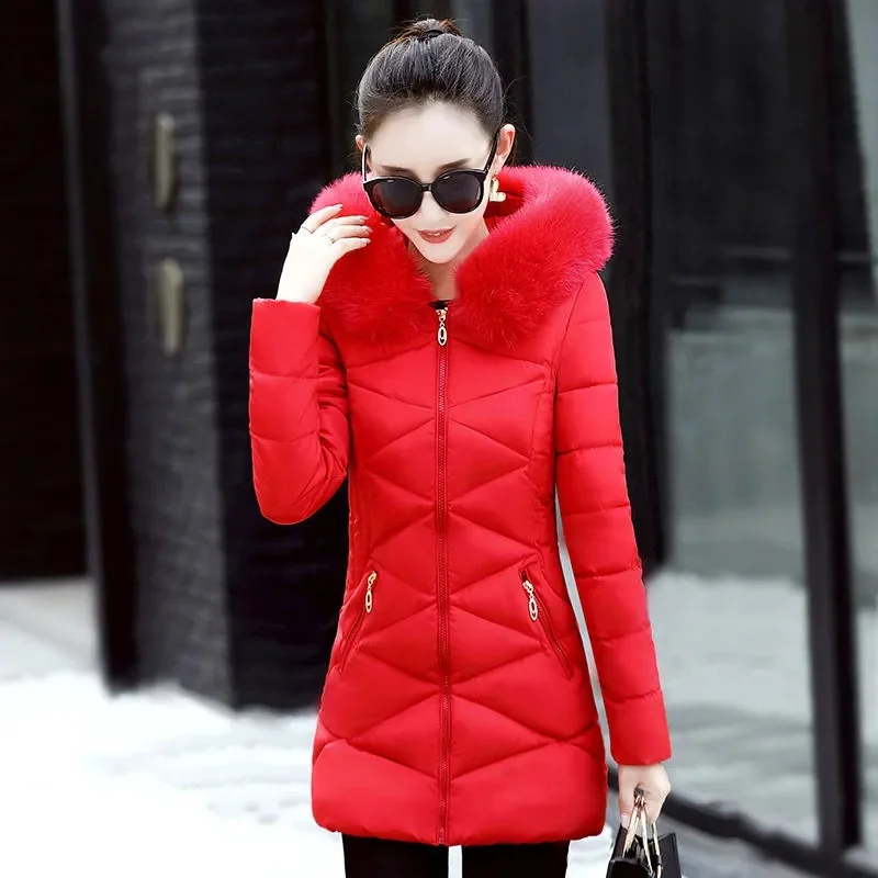 

2023 Winter Korean Cotton Coat Women's Mid length Large Fur Collar Down Cotton Coat Slim Fit Cotton Coat Women's Thickened Coat