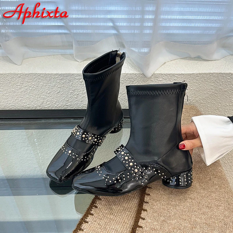 Aphixta Winter Square Heels Belt Buckle Ankle Boots Lots Rivets Woman Shoes Winter Back Zipper Fahion White Boot s