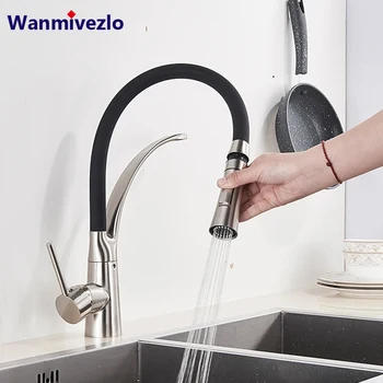 Rubinetto da cucina in gomma nichel spazzolato Rubinetto miscelatore Rotazione Pull Down Stream Spruzzatore Rubinetti Rubinetto acqua calda fredda Rubinetto da cucina con una maniglia 1