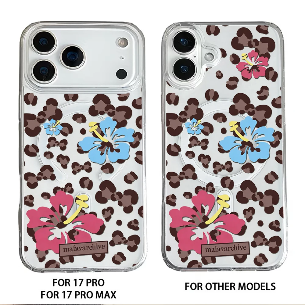 Leopard Print Magnetic Card Holder & Phone Case with Floral Design