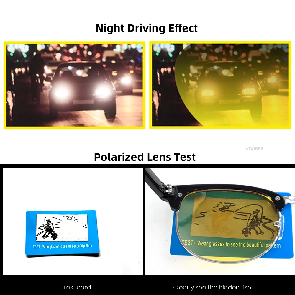 VIVIBEE Semi-Rimless Night Vision Glasses for Driving Men Yellow Polarized Lens Goggles Classic Square Driving Women Eyeglasses Night Vision Glasses