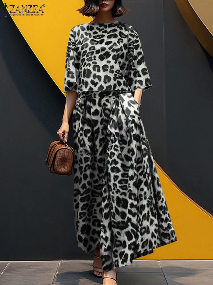 2 قطعة مجموعات النساء خمر مطابقة ليوبارد طباعة رياضية الخريف بنطلون دعوى ZANZEA عادية س الرقبة 3/4 كم بلوزة بانت مجموعات