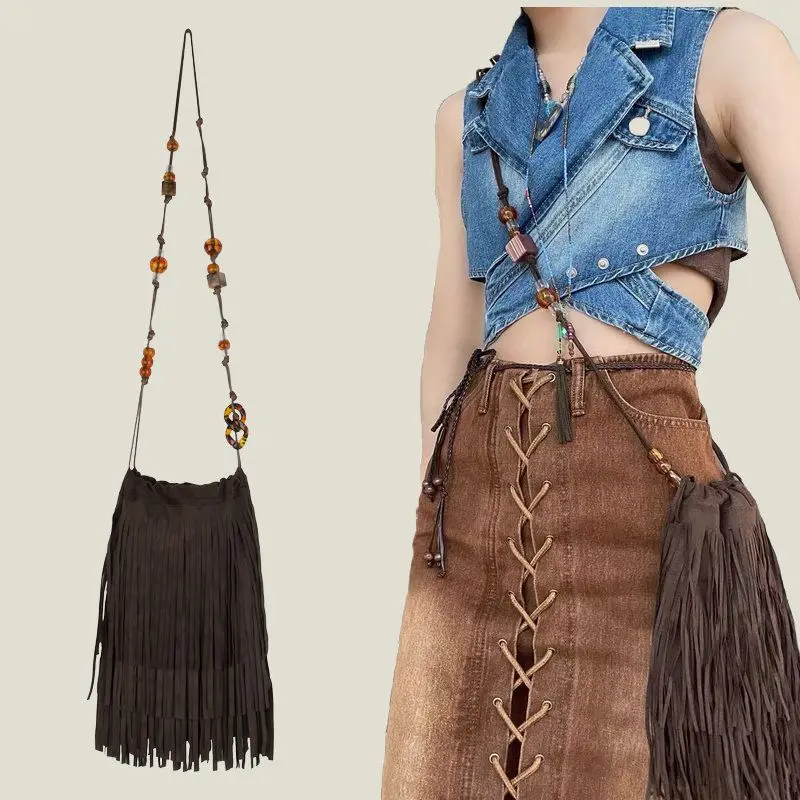 Naimo Bolso Cruzado Con Borla De Paja Para Mujer, Bolso De Mano Tejido A Mano, Bolso De Mano Bohemio De Verano, Caqui Claro, Talla única