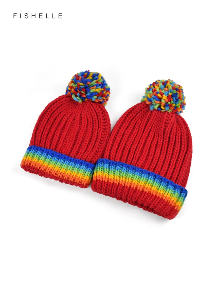 Rainbow knitting wool hat women's warm hat autumn winter knitted hat adults kids red color cap christmas new year child gift 3
