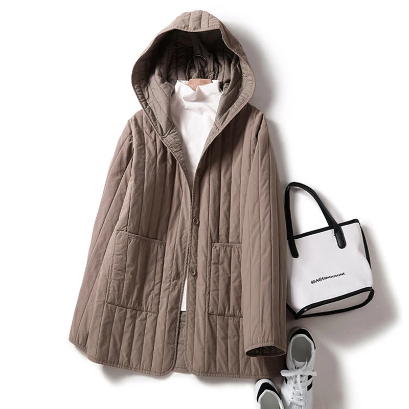 

Cotton Padded Hooded Lightweight Jacket For Women Casual Winter Single Breasted Parka Outerwear Female Solid Warm Casual Coat