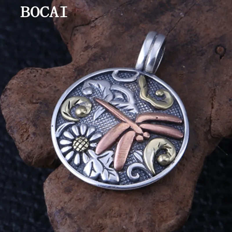 

Новый Винтажный креативный кулон BOCAI из стерлингового серебра S925 пробы в виде стрекозы с цветком и круглой карточкой в женском стиле Бесплатная доставка