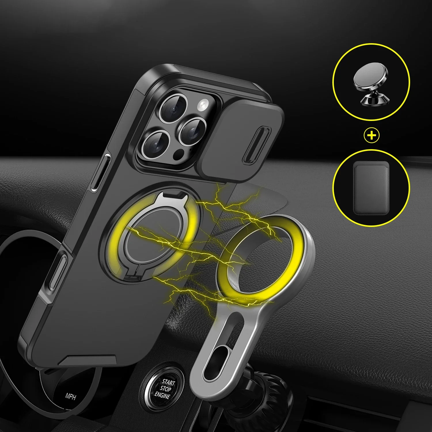 Csúsztatható kameralencse-védő tok iPhone 16 15 14 Plus 13 12 11 Pro Max 360 fokban forgatható mágneses gyűrűtartó borítóval Coque_voghion.com