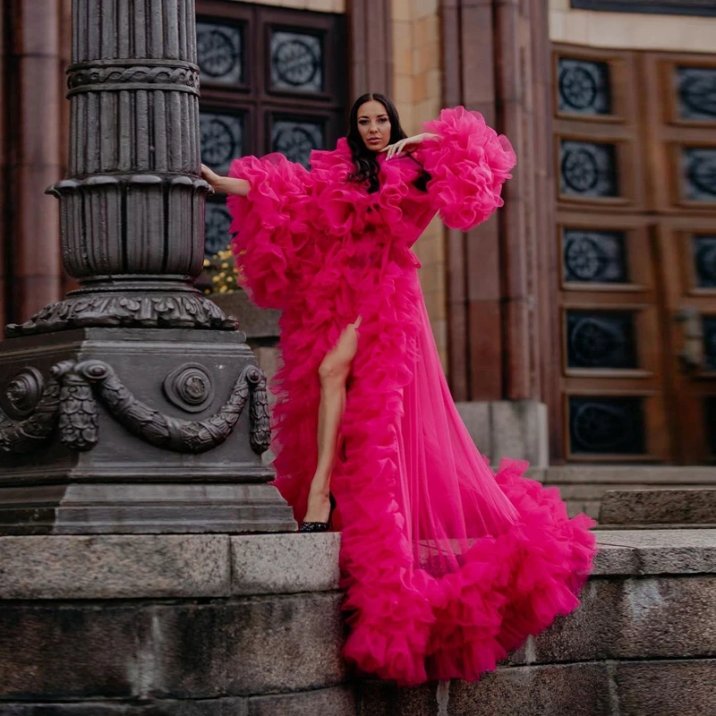 

High Steet Rose Red Organza Women Dresses Long Robes Puffy Flare Sleeves V-neck Ruffles Prom Party Dress See Thru Front Split