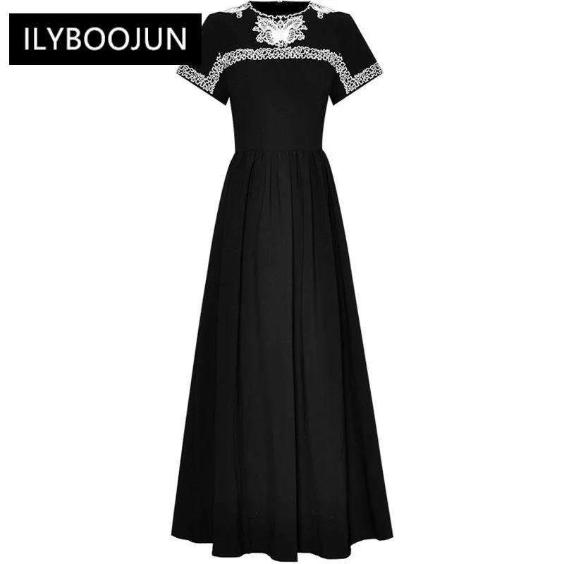 

Summer Fashion Runway Black Vintage Party Dress Women O-neck Short Sleeve Embroidery High Waist Slim A-LINE Long Dresses