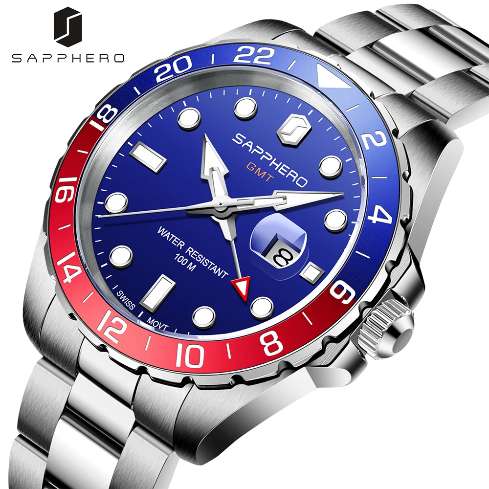 

SAPPHERO GMT Mens Watch Swiss Movement Waterproof Business Wristwatch for Men Stainless Steel Luxury Quartz Clock Montre Homme