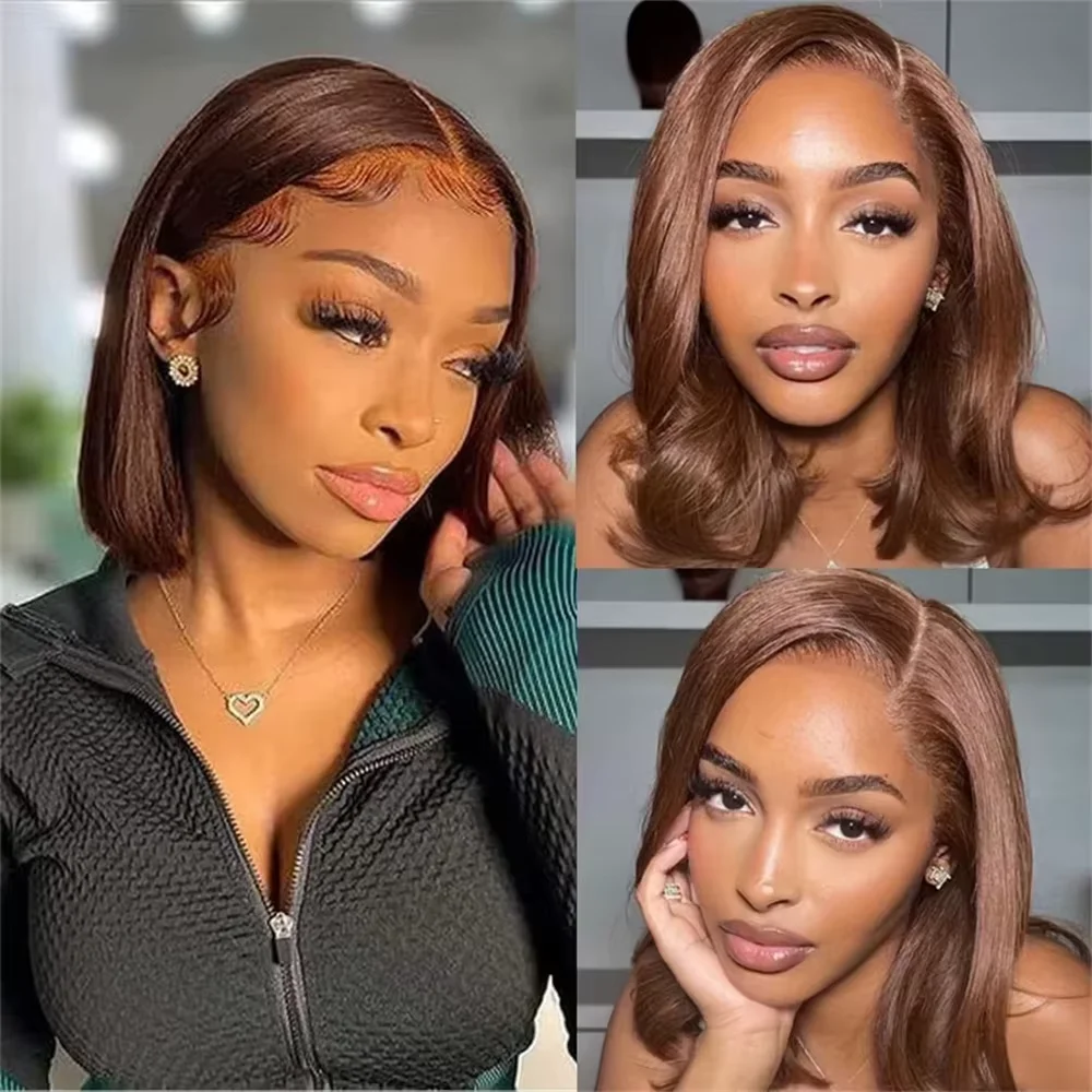 13x4 Bob Frontal Lace Wig Human Hair #4 Chocolate Fall Brown Bone Straight Raw Vietnamese 220 Density Human Hair Wigs 3