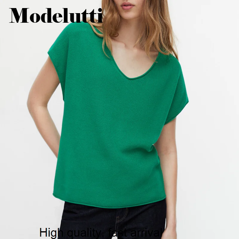 

Женский трикотажный свитер с коротким рукавом, повседневный однотонный простой свитер с V-образным вырезом, весна-лето 2023