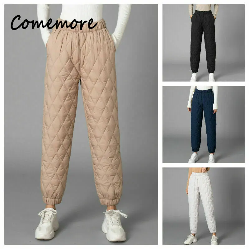 New Winter Warm Down Cotton Pants Women Fashion Padded Quilted Thicken Trousers Elastic Waist Lightweight Casual Pants