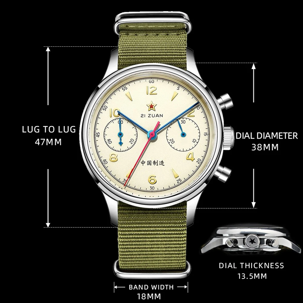 RED STAR 38mm Men's 1963 Chronograph Mechanical Watch Pilot with Seagull Movement ST1901 Air Force Aviation Sapphire Goose 40mm 5