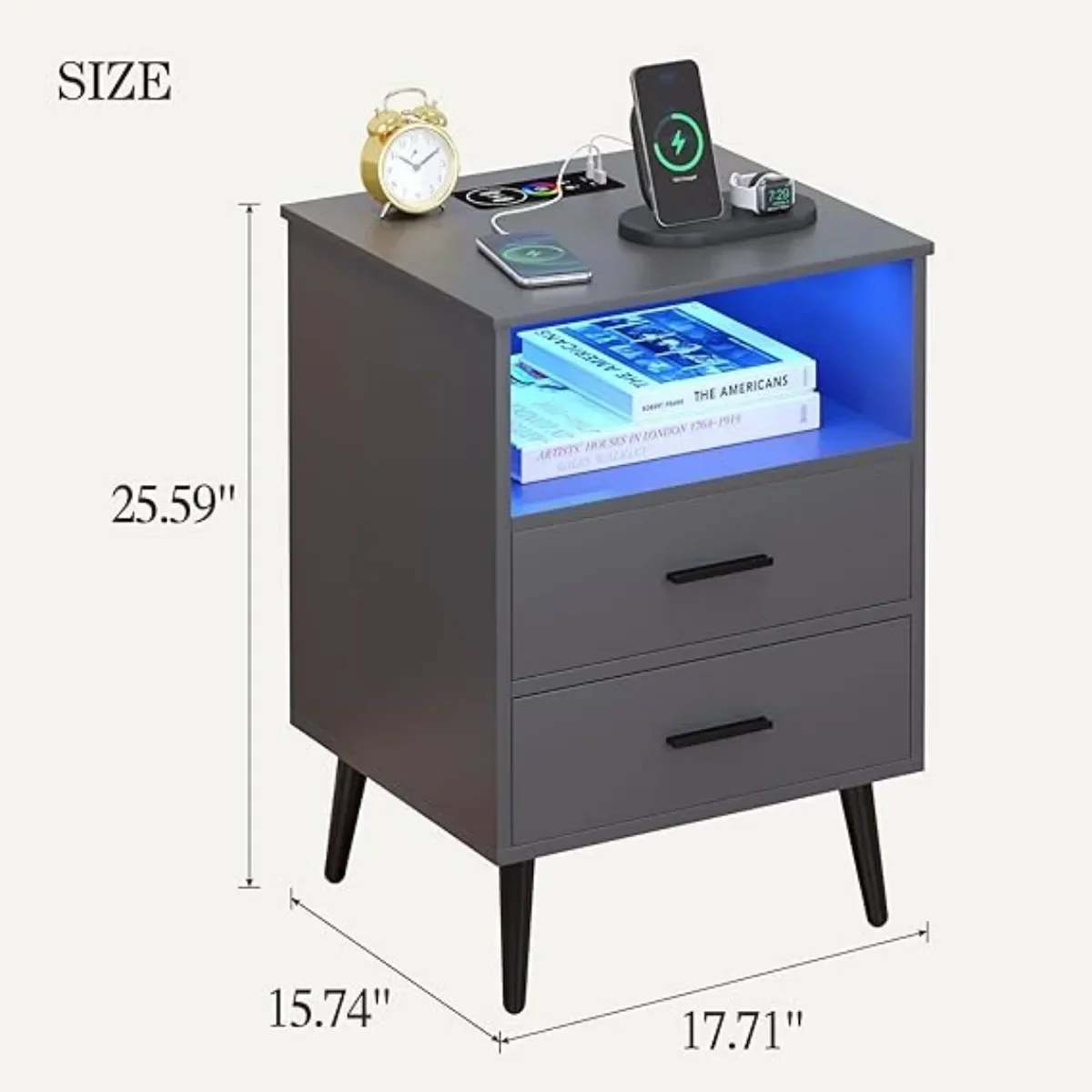Nightstand with Wireless Charging Station with RGB Light,with Human Sensor, 2 Drawers & Open Shelf(Grey) 3