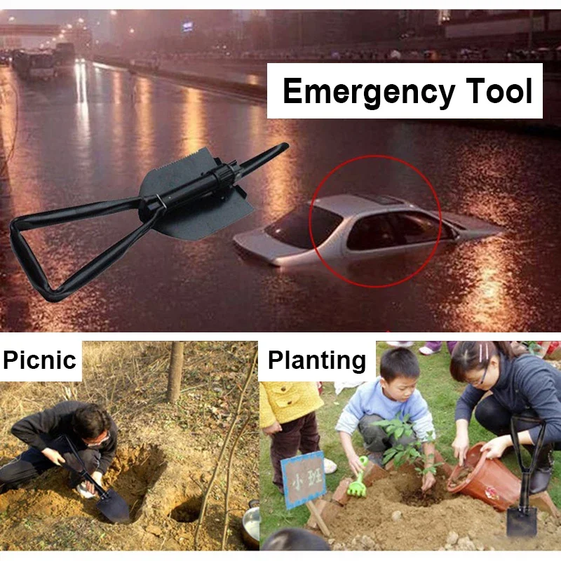 Multifunctional Small Car Outdoor Foldable Shovel Ice Scoop Iron Scraper Emergency Glass Bammer Hoe Crombar 41*10cm