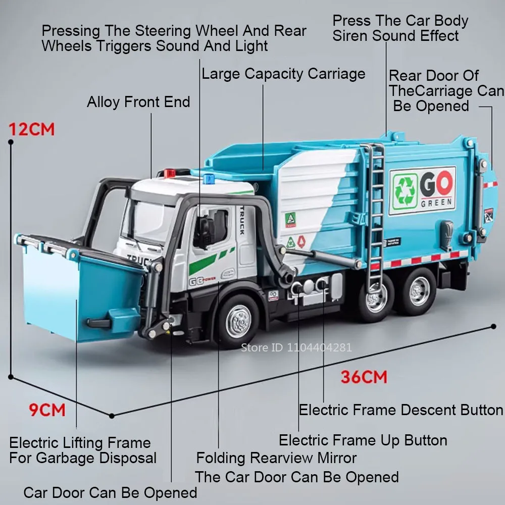 1:18 Electric Diecast Sanitation Vehicle Toy with Lights & Sound - Educational Garbage Truck Toy
