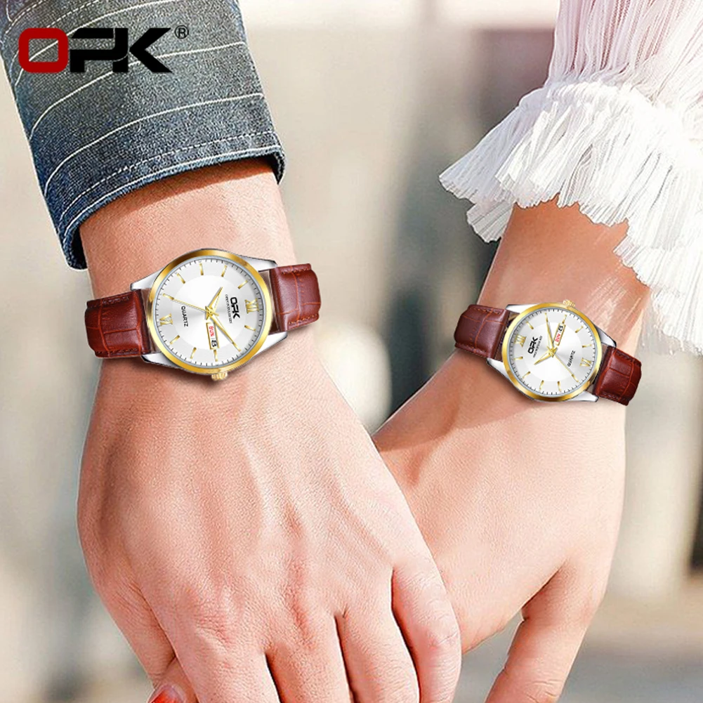 

OPK 8132 Quartz Couple Watch Classic Fashion Waterproof Leather Strap Men and Women Watches Luminous Calendar Dial Love's Watch