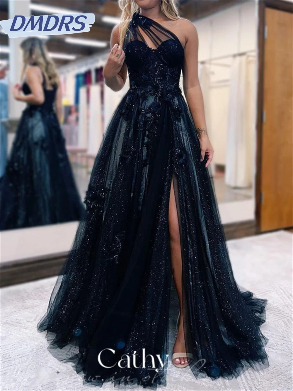 

Charming Tulle One-Shoulder Sleeves Evening Gown 2024 Classic A-line Dresses Elegant Side Slit Gowns Vestidos De Novia