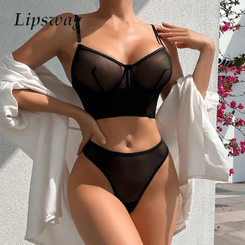 

Hot Sale Sexy Mesh Perspective Lace Bra and Panty Set Fishbone Bodyshaping Erotic Lingerie Women Contrast Color Underwire Sets