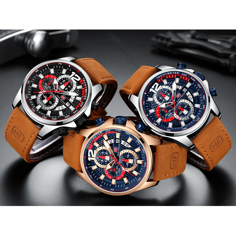 MINI FOCUS Casual Sport Watches for Men Fashion Leather Strap Chronograph Quartz Wristwatch with Date Luminous Hands Blue 0350
