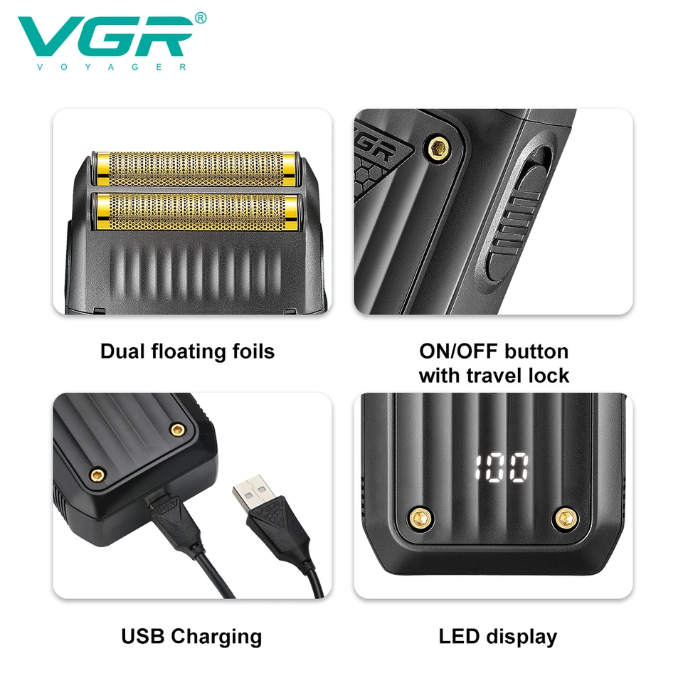 VGR Professioneller elektrischer Barttrimmer mit Digitalanzeige, wiederaufladbarer Rasierer mit Hubmechanismus für Herren V-363_voghion.com