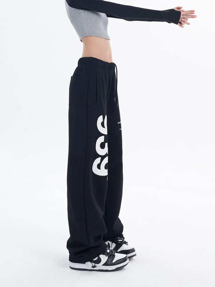 Y2K Sweatpants Women Korean Black Letter Print Wide Leg Pants Fashion Hip Hop High Waist Female Casual Trousers