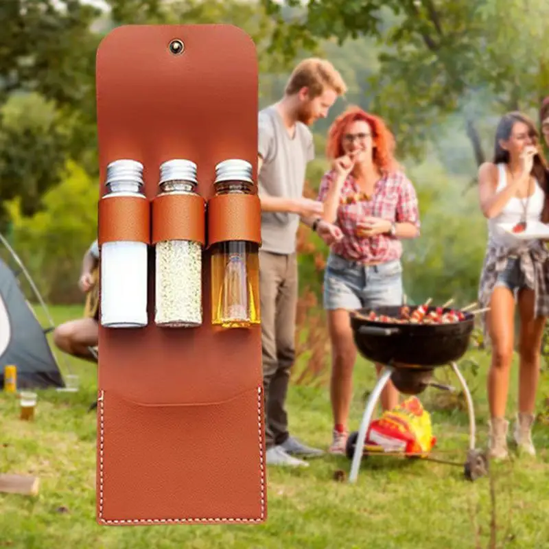 Portable Camping Seasoning Spices Bottle Tableware Leather Storage Bag With 3/5 Cans Holder Portable Kit For BBQ Picnic Kitchen camping cutlery portable tableware seasoning jar portable cutlery titanium tableware seasoning container