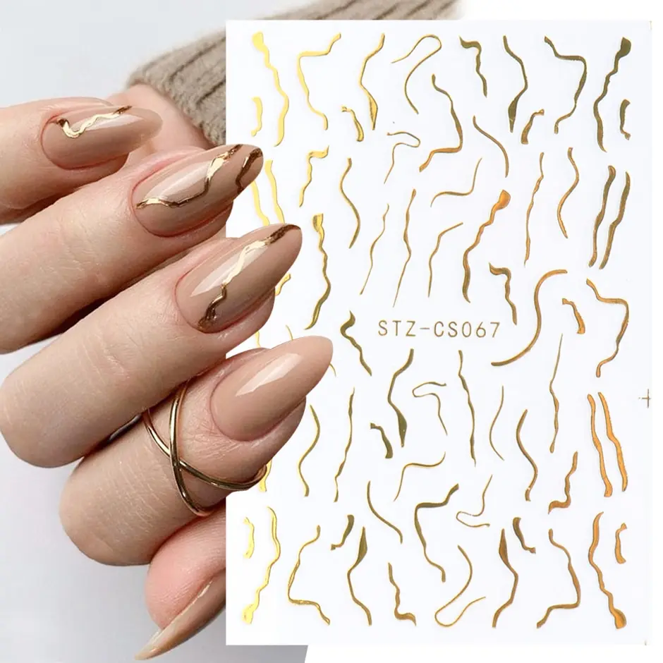 Nail Stickers Abstract Geometry Stickers For Nail 3D Laser Gold Black Leaves Heart Line Adhesive Sliders Decor Holographic Decal